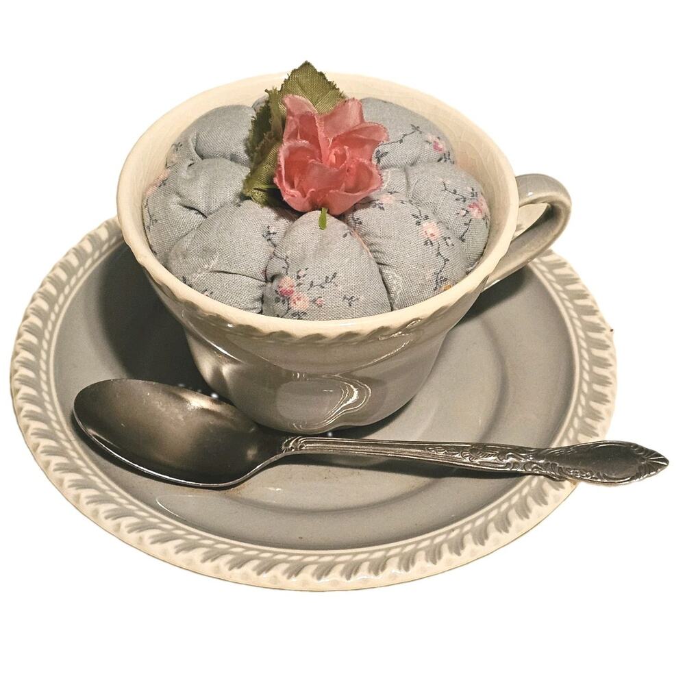 Pin Cushion Tea Cup Saucer Harkerware USA Spoon Rose Handmade Floral Ceramic